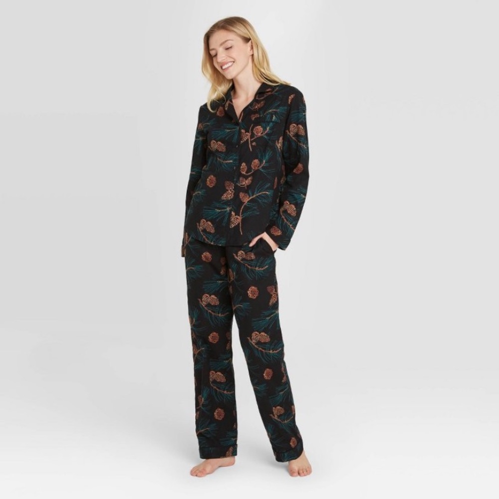 Pine Cone Print Flannel Long Sleeve PJ Set